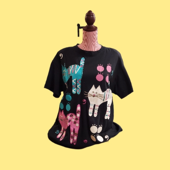 VINTAGE HAND- PAINTED OVER HAND-MADE CATS HEAVY TEE - SIZE MEDIUM - Picture 5 of 5